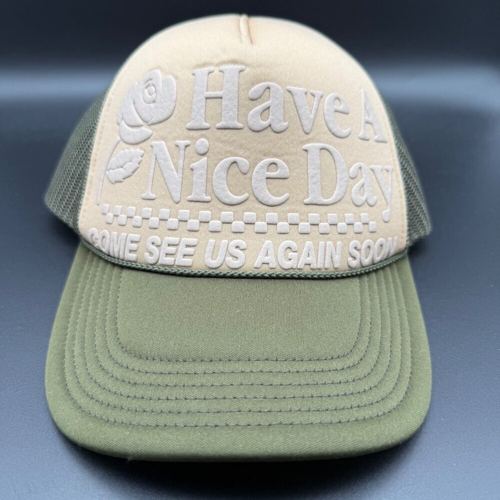 Vintage Trucker Hat Cap Mesh Snapback Rope Cord Green Tan Puffy Letters Rose